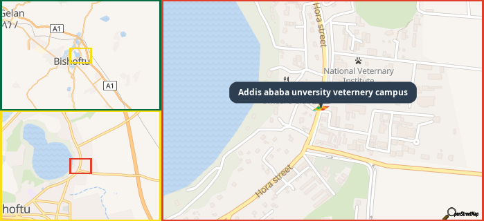 Map showing the address of Addis ababa unversity veternery campus in three different zoom levels.