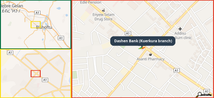 Map showing the address of Dashen Bank (Kuerkura branch) in three different zoom levels.
