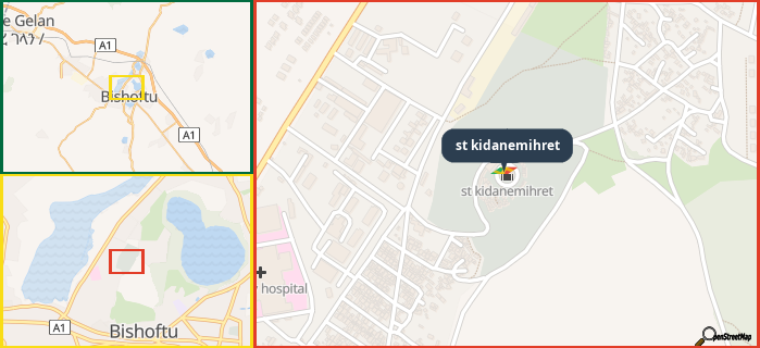 Map showing the address of st kidanemihret in three different zoom levels.