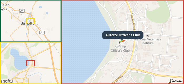 Map showing the address of Airforce Officer's Club in three different zoom levels.