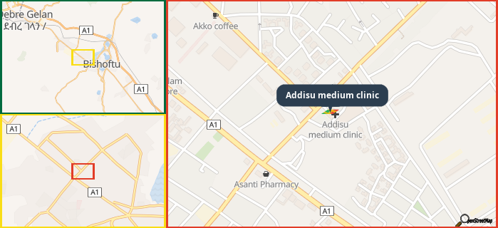 Map showing the address of Addisu medium clinic in three different zoom levels.