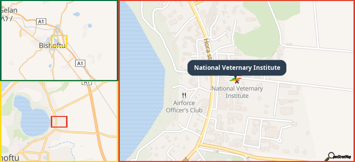Map showing the address of National Veternary Institute in three different zoom levels.