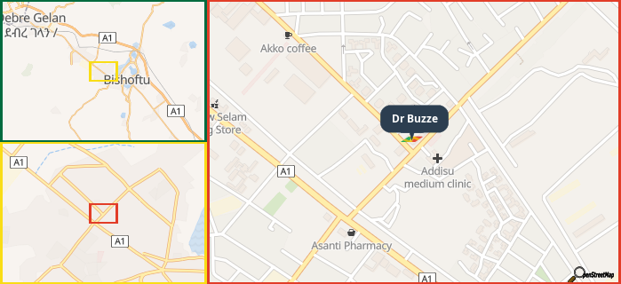 Map showing the address of Dr Buzze in three different zoom levels.