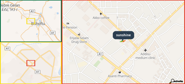 Map showing the address of sunshine in three different zoom levels.