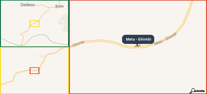 Map showing the address of Metu - Ghimbi in three different zoom levels.