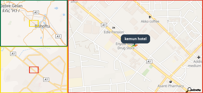 Map showing the address of kemun hotel in three different zoom levels.