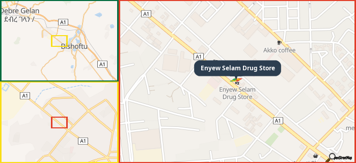Map showing the address of Enyew Selam Drug Store in three different zoom levels.