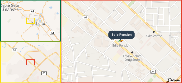 Map showing the address of Edle Pension in three different zoom levels.