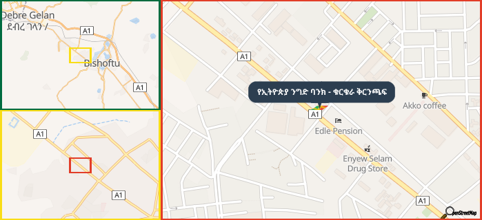 Map showing the address of የኢትዮጵያ ንግድ ባንክ - ቁርቁራ ቅርንጫፍ in three different zoom levels.