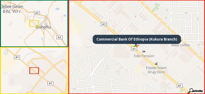 Map showing the address of Commercial Bank Of Ethiopia (Kukura Branch) in three different zoom levels.