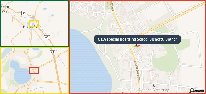 Map showing the address of ODA special Boarding School Bishoftu Branch in three different zoom levels.