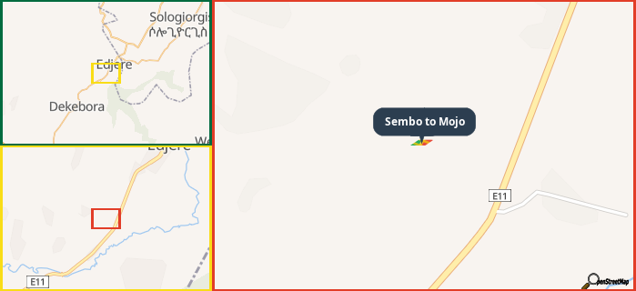 Map showing the address of Sembo to Mojo in three different zoom levels.
