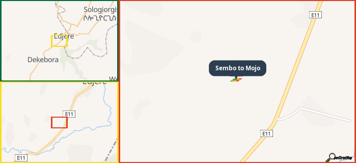 Map showing the address of Sembo to Mojo in three different zoom levels.