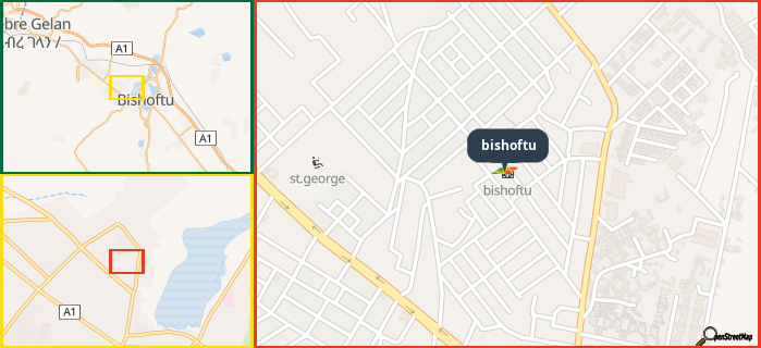 Map showing the address of bishoftu in three different zoom levels.