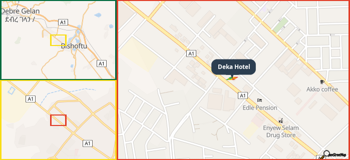 Map showing the address of Deka Hotel in three different zoom levels.