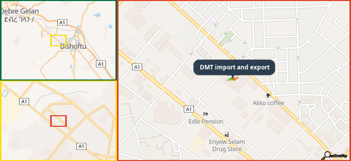 Map showing the address of DMT import and export in three different zoom levels.