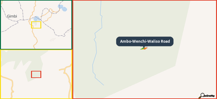 Map showing the address of Ambo-Wenchi-Waliso Road in three different zoom levels.