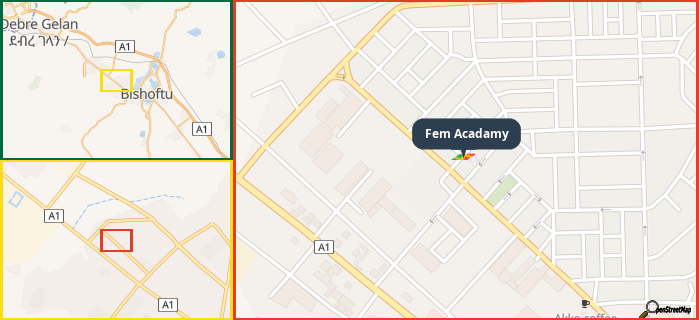 Map showing the address of Fem Acadamy in three different zoom levels.