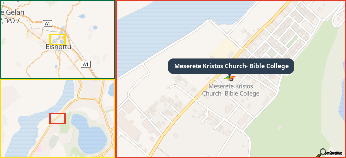 Map showing the address of Meserete Kristos Church- Bible College in three different zoom levels.
