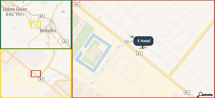 Map showing the address of E Hotel in three different zoom levels.