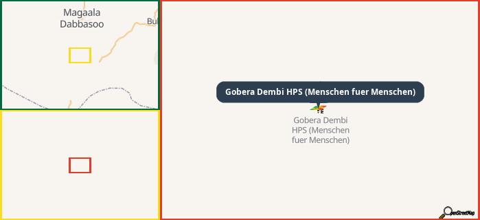 Map showing the address of Gobera Dembi HPS (Menschen fuer Menschen) in three different zoom levels.