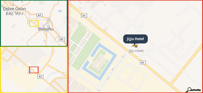 Map showing the address of Jijju Hotel in three different zoom levels.