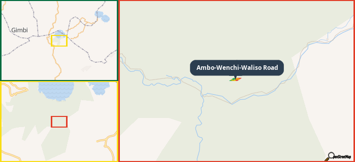 Map showing the address of Ambo-Wenchi-Waliso Road in three different zoom levels.