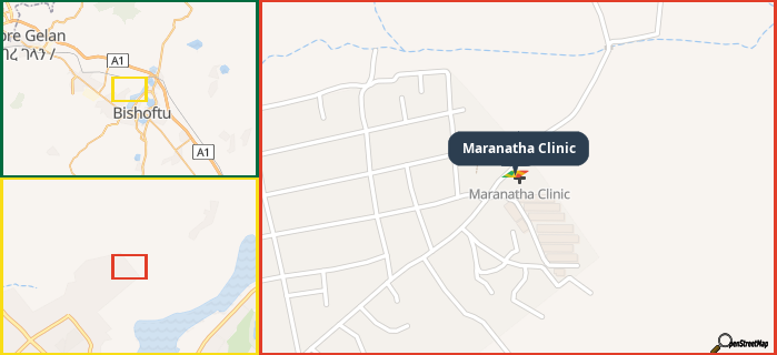 Map showing the address of Maranatha Clinic in three different zoom levels.