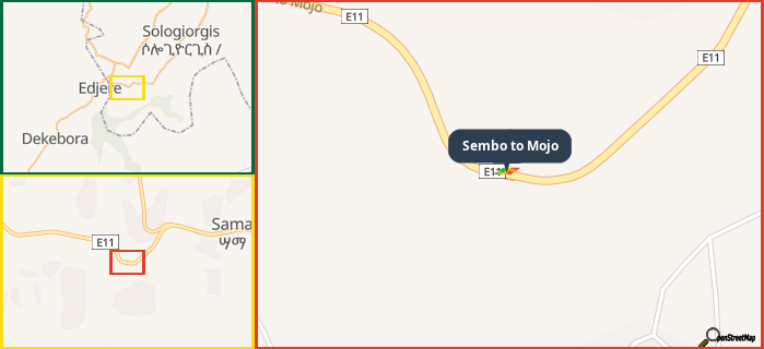 Map showing the address of Sembo to Mojo in three different zoom levels.