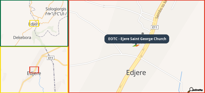 Map showing the address of EOTC - Ejere Saint George Church in three different zoom levels.