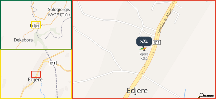 Map showing the address of ኤጀሬ in three different zoom levels.