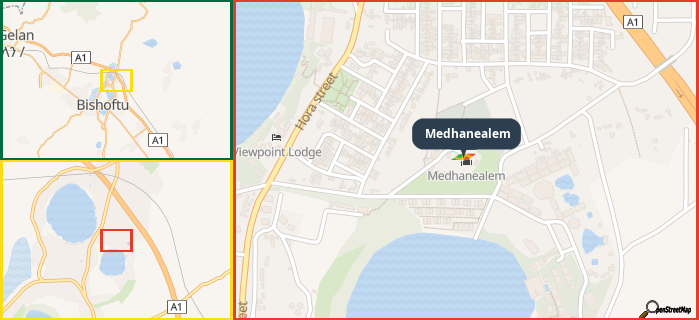 Map showing the address of Medhanealem in three different zoom levels.