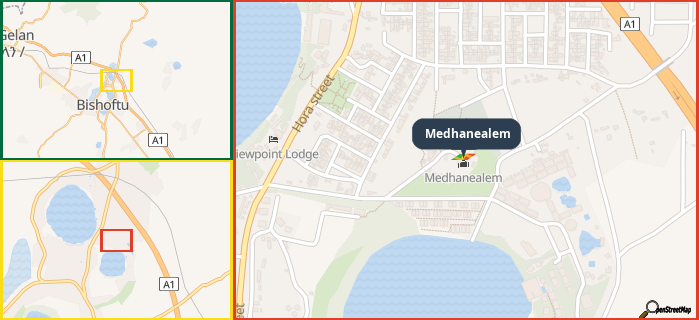 Map showing the address of Medhanealem in three different zoom levels.