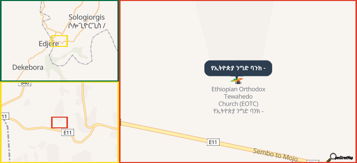 Map showing the address of የኢትዮጵያ ንግድ ባንክ - in three different zoom levels.