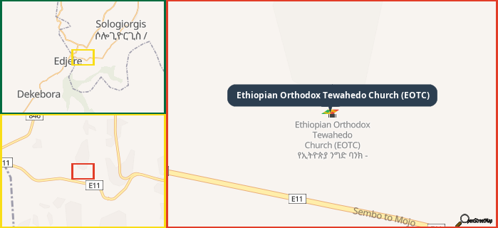 Map showing the address of Ethiopian Orthodox Tewahedo Church (EOTC) in three different zoom levels.