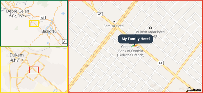 Map showing the address of My Family Hotel in three different zoom levels.