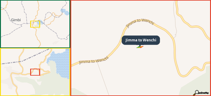 Map showing the address of Jimma to Wenchi in three different zoom levels.