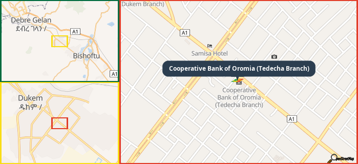 Map showing the address of Cooperative Bank of Oromia (Tedecha Branch) in three different zoom levels.
