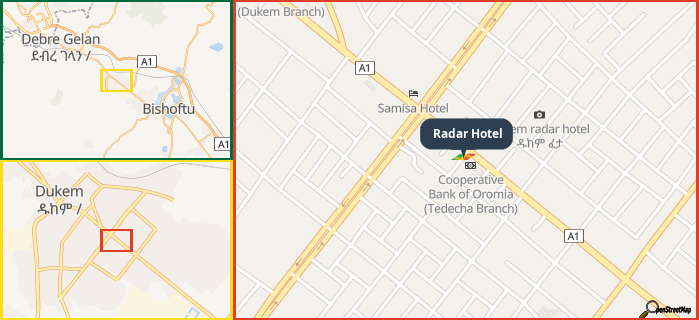 Map showing the address of Radar Hotel in three different zoom levels.