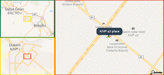 Map showing the address of ዱካም ፈታ place in three different zoom levels.