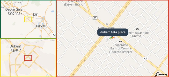 Map showing the address of dukem feta place in three different zoom levels.