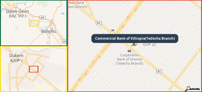 Map showing the address of Commercial Bank of Ethiopia(Tedecha Branch) in three different zoom levels.