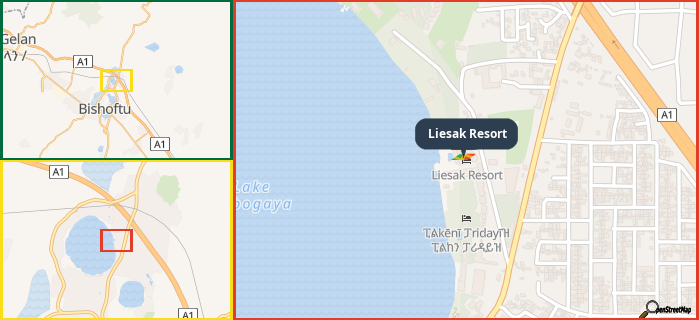 Map showing the address of Liesak Resort in three different zoom levels.