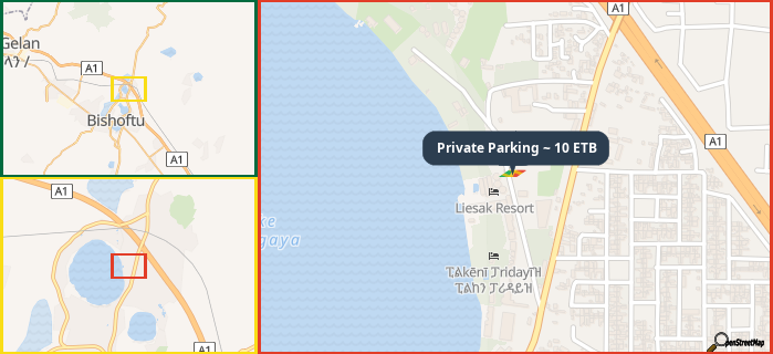 Map showing the address of Private Parking ~ 10 ETB in three different zoom levels.