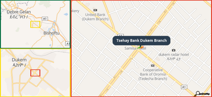 Map showing the address of Tsehay Bank Dukem Branch in three different zoom levels.
