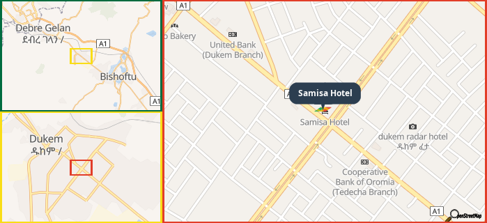 Map showing the address of Samisa Hotel in three different zoom levels.