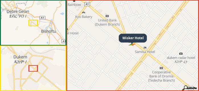 Map showing the address of Misker Hotel in three different zoom levels.