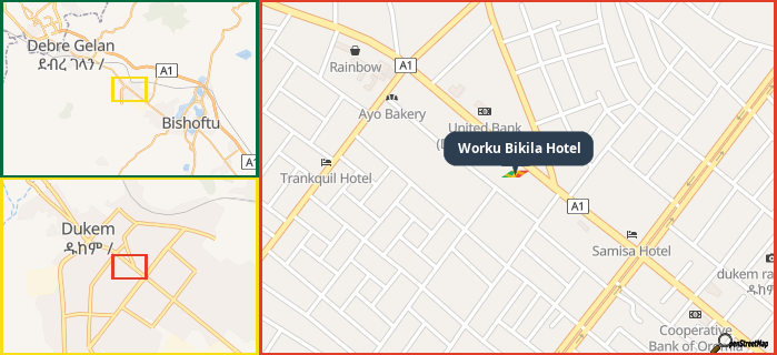 Map showing the address of Worku Bikila Hotel in three different zoom levels.