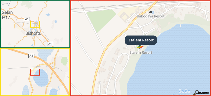 Map showing the address of Etalem Resort in three different zoom levels.