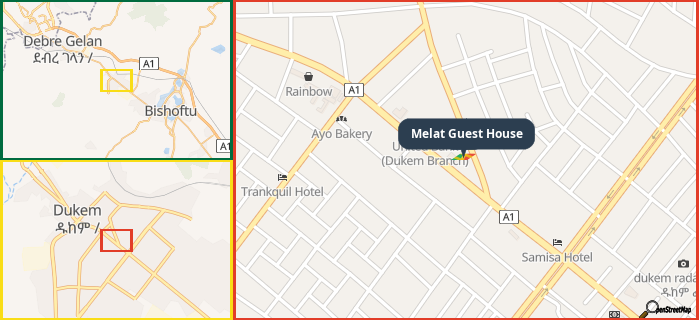 Map showing the address of Melat Guest House in three different zoom levels.